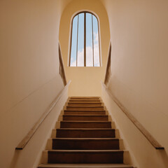 Staircase leading up to a window with a view of the sky.
