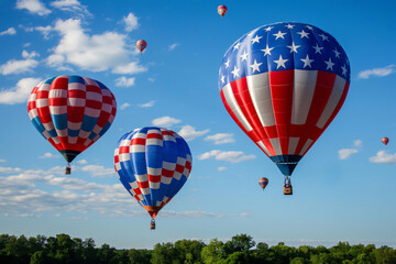 Fototapeta premium Multiple hot air balloons, including one with an American flag design, are flying in a blue sky with fluffy white clouds over green trees