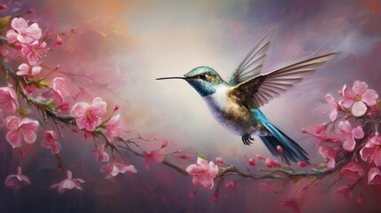 Fototapeta premium A hummingbird with blue and green feathers hovers near pink cherry blossoms on a soft pink and purple background.