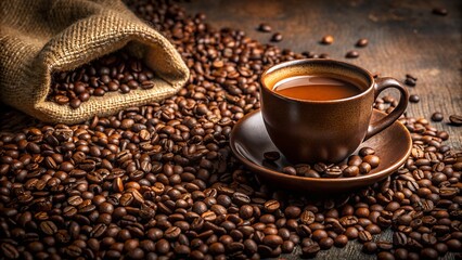  Banner, a cup of freshly brewed coffee amidst a bag of coffee beans on a wooden surface. 