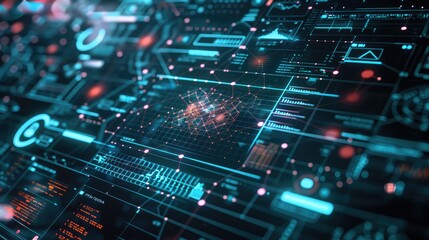A futuristic digital interface displaying complex algorithms and neural network patterns, symbolizing deep learning and artificial intelligence.