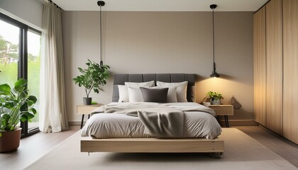 Fototapeta premium Minimalist bedroom with a platform bed, monochromatic color scheme, and uncluttered space