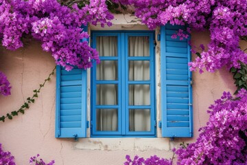 Charming blue window framed by lush purple bougainvillea on a pastel wall
