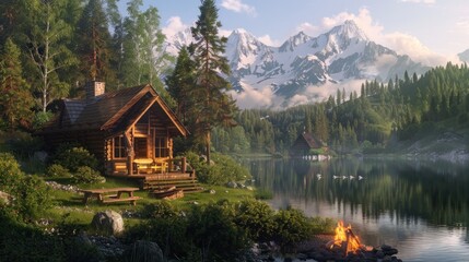 Fototapeta premium Idyllic Log Cabin Getaway. Serene Lake, Mountain Views, and Cozy Fireplace