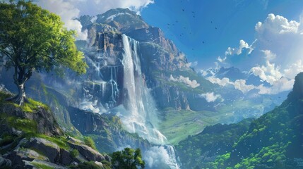 Breathtaking fantasy landscape with cascading waterfalls, lush green valley, and majestic mountains under a clear blue sky. Concept of nature, beauty, serenity, and adventure.
