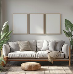 Fototapeta premium Poster frame mock-up in home interior background with commode, chair and decor in living room, 3d render, Generative AI