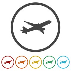 Plane taking off silhouette icon. Set icons in color circle buttons