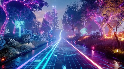 A futuristic road with neon lights and high-tech sensors embedded, leading through a digital forest with holographic trees and wildlife.