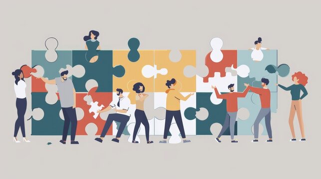 A group of diverse people are working together to put together a puzzle. The puzzle is made up of different colored pieces, and each person is holding a different piece. The people are all smiling and