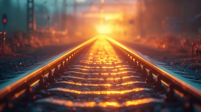 Railway rails, close-up, go into the distance