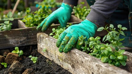 Naklejka premium Man wearing green glove painting wooden block for planting garden greens