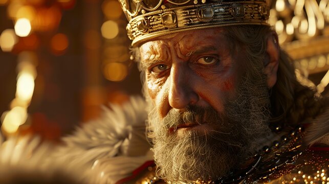 A visual representation of King Herod in the times of Jesus Christ. King Herod wearing sumptuous robes with a look of royal authority.