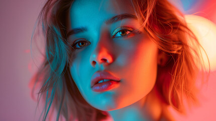 Fototapeta premium Beautiful girl's emotional face on a plain background. An amazing depiction of innocence and elegance.