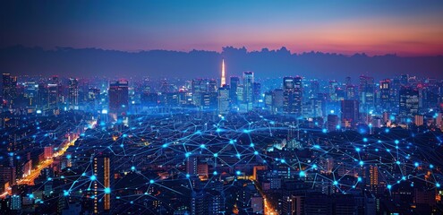 Fototapeta premium Night Cityscape with Illuminated Network Connections