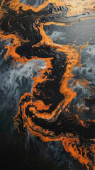 Aerial View of a Winding River of Lava Flowing Through a Dark Landscape