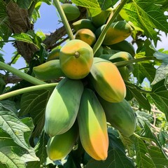 Ripe papayas, their green-yellow skins hanging heavily from the tree, surrounded by large, palm-like leaves. 