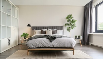 Minimalist bedroom with a platform bed, monochromatic color scheme, and uncluttered space