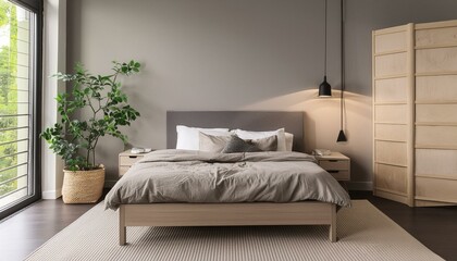 Minimalist bedroom with a platform bed, monochromatic color scheme, and uncluttered space