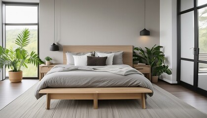 Minimalist bedroom with a platform bed, monochromatic color scheme, and uncluttered space