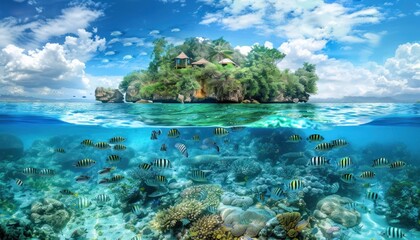 Tropical island paradise with lush vegetation and bungalows above and below the waterline with colorful coral reef and exotic fish. Concept of travel, vacation, and nature.