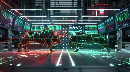 A high-tech trading floor with digital screens showing green and red market trends, as a holographic bull and bear face off in the center.