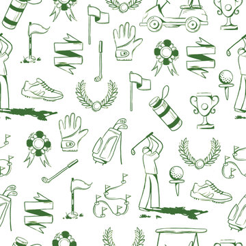Golf equipment seamless pattern icons sports gear for game. Golfer hits ball on golf course. Golf player, bags, putter, golfer, ball, hole, course, gloves. Vector isolated on background
