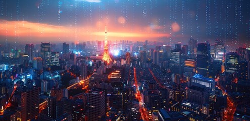 Obraz premium Tokyo Skyline at Night with Digital Rain