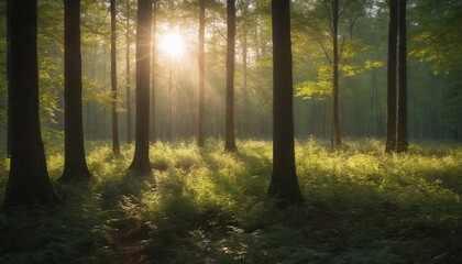 Fototapeta premium A golden dawn illuminates a misty forest