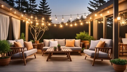 Outdoor patio with comfortable seating, string lights, and a cozy ambiance
