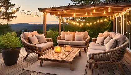 Fototapeta premium Outdoor patio with comfortable seating, string lights, and a cozy ambiance