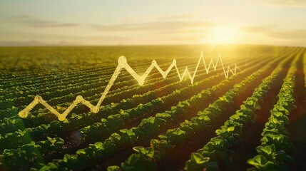 A large field with distinct plant arrangements, creating an upward-trending financial graph shape under the warm sunlight.