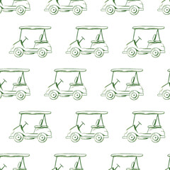 Golf equipment seamless pattern icons sports gear for game. Golfer hits ball on golf course. Golf player, bags, putter, golfer, ball, hole, course, gloves. Vector isolated on background