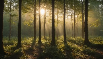 Fototapeta premium Sunbeams dappling through the trees in a misty morning forest