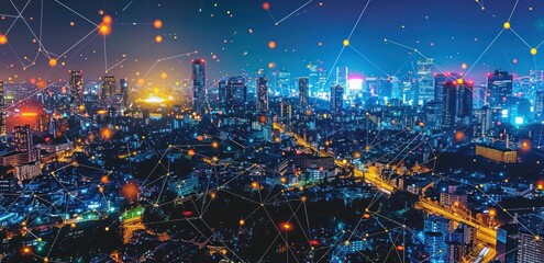 Obraz premium Night Cityscape with Network Connections