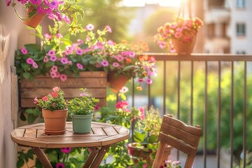 Beautiful balcony with small table, chair and flowers