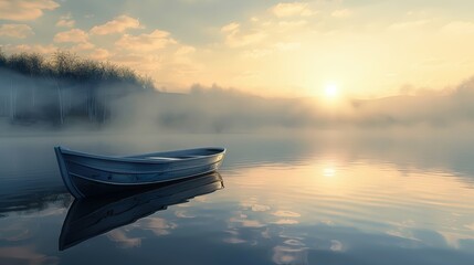 A boat drifting peacefully on a tranquil lake with light mist over the water at sunset