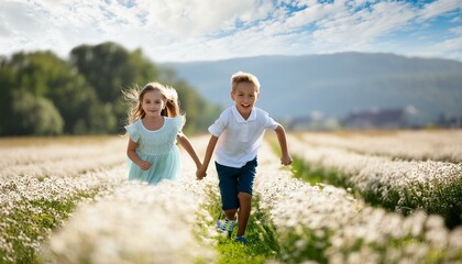 Fototapeta premium Playful children running through a field of flowers, sunny day, joyful expressions