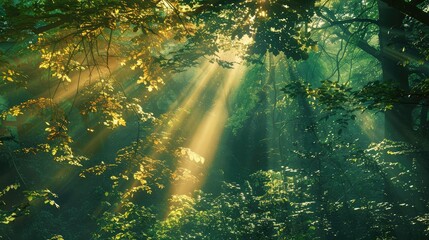 Obraz premium A lush forest scene with Pantone shades of emerald green and gold sunlight filtering through the leaves, creating a trending natural backdrop.