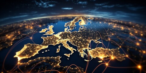 European telecommunication network connected over Europe, France, Germany, UK, Italy, concept about internet and global communication technology for finance.
