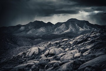 Large dark boulders cover the foreground of this photo, with a mountain range in the distance. The sky is dark and cloudy, with a storm approaching.


