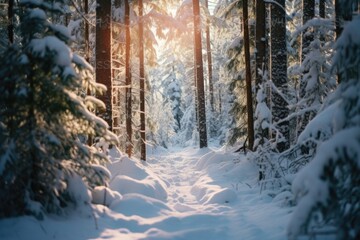 A snow-covered forest with a path through it. The sun is shining through the trees, creating a warm and inviting atmosphere