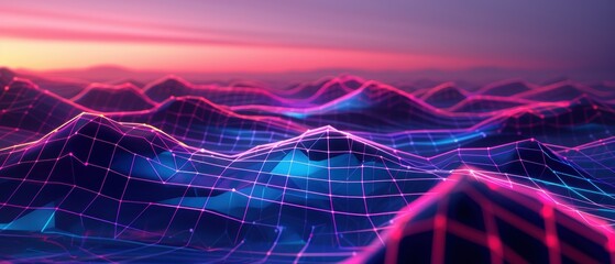 Futuristic landscape with vibrant neon lights and grid patterns depicting digital technology concepts in a vibrant sunset scenario.