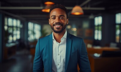 Fototapeta premium work portrait of happy poc black man wearing light blue business suit in office environment 