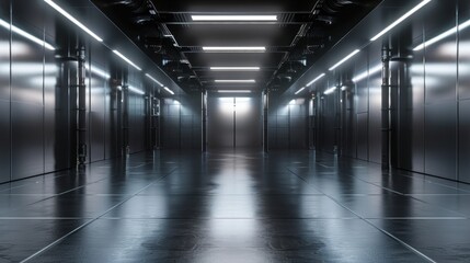 Futuristic, sleek, illuminated corridor with metallic walls and reflective floors, creating a modern high-tech atmosphere in a digital setting.