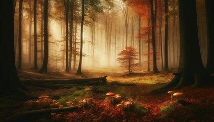 Fototapeta premium Autumn forest with mushrooms on the meadow in the morning during sunrise