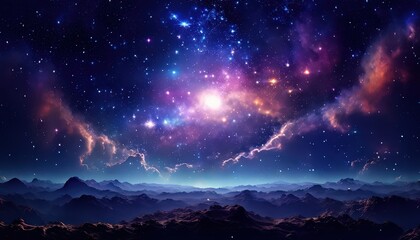 This is a captivating image of the night sky, bathed in hues of blue and purple with streaks of red and orange The celestial bodies are scattered across the sky, each at different distances from us,