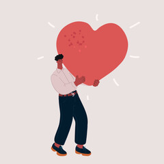 Carton vector illustration of man hugs red heart