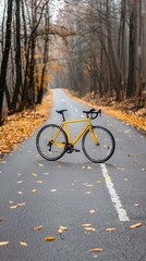 Fototapeta premium A yellow road bike stands alone on a shiny, grey concrete floor in a large, empty factory