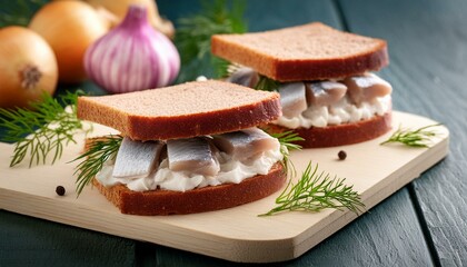 Sandwich with tuna and herring with dill, onions and mayonnaise