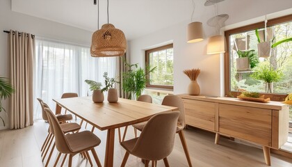 Fototapeta premium Scandinavian-style dining room with wooden furniture, pendant lighting, and clean lines